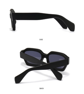 Detail view showing side and back angles of thick black geometric frame sunglasses