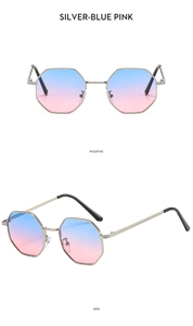 Close-up of octagonal silver metal sunglasses with blue-pink gradient lenses