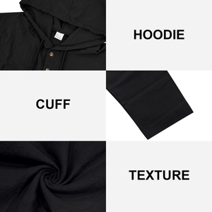 Detail view of black linen hoodie showing snap buttons, cuffs and fabric texture
