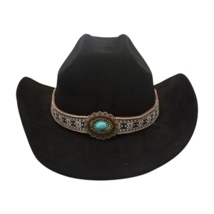 Western cowboy hat in black felt with ethnic embroidery and green turquoise stone