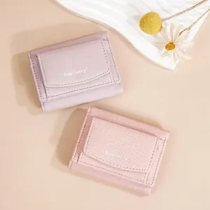 Short women's tri-fold wallets in light purple and nude pink with litchi grain texture