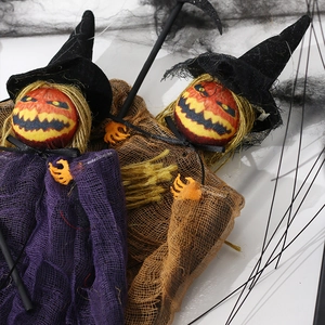 Halloween hanging pumpkin witch dolls set with purple and brown mesh dresses for party decor