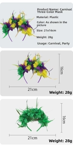 Detail view of Carnival feather headband with purple green yellow mesh and plastic frame