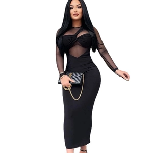 Elegant black bodycon maxi dress with sheer mesh sleeves and cross-neck detail