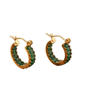 18k gold plated hoop earrings with emerald green zircon stones on white background