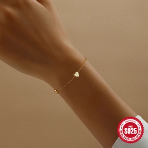 Minimalist S925 sterling silver gold heart bracelet with sparkling zircon for women