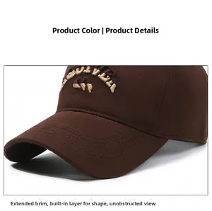 Macro view of three-dimensional HULWER letter embroidery on cotton twill baseball cap