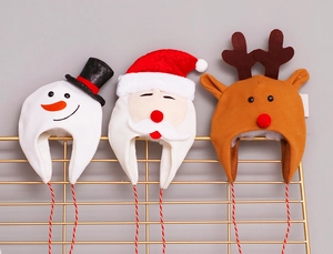 Plush Christmas hats featuring snowman, Santa, and reindeer designs with braided straps
