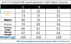 Detailed size chart for plaid mesh long sleeve top with ruching and vintage design