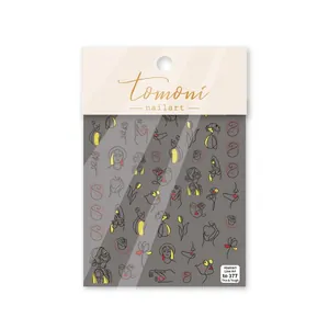 Abstract line art nail stickers with minimalist figures and floral patterns in red and yellow