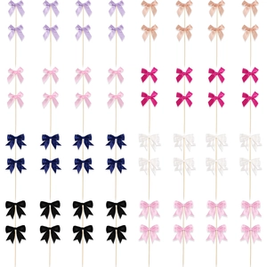 Colorful double-layer ribbon bow wooden cake toppers for birthday party decorations