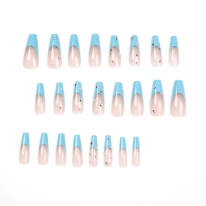 Blue French ballet press-on nails set with elegant pearls and sparkling rhinestones