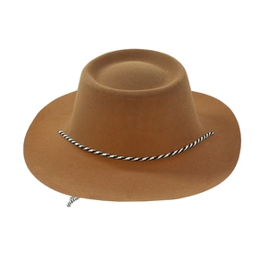 Detail of the brown wide-brim cowboy hat with decorative black and white braided rope trim