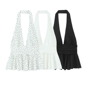 Hauts licou plissés pour femmes en noir à pois, blanc et noir, ensemble chic