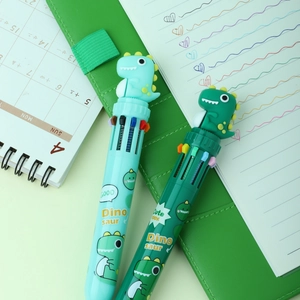 Close-up of 10-color retractable ballpoint pens with cute 3D silicone dinosaur toppers