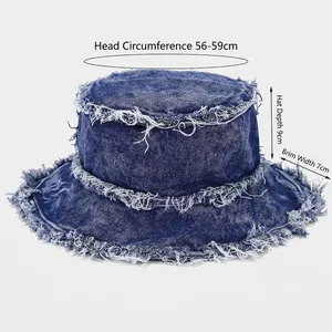 Retro denim bucket hat with frayed edges and 56-59cm circumference sizing details