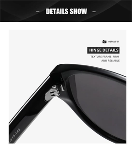 Macro view of high-quality metal hinge and model 015-143 on black sunglasses frame