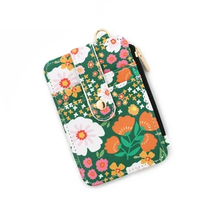 Floral print card holder wallet with multiple slots, zipper pocket and gold D-ring hook