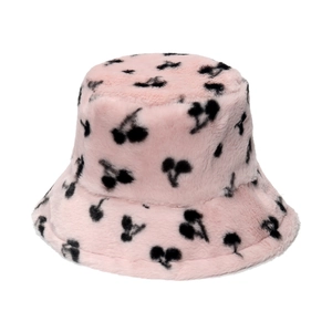 Cappello Alla Pescatora In Peluche Ecopelliccia Di Coniglio Caldo Inverno Cappello Stampa Ciliegie Morbido Casual Donna