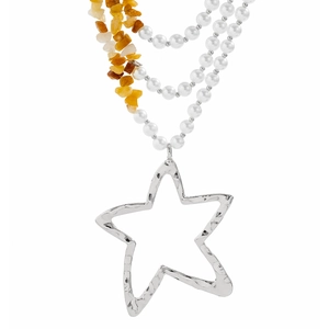 Detail of multi-layer beaded necklace with silver star pendant and turquoise accents
