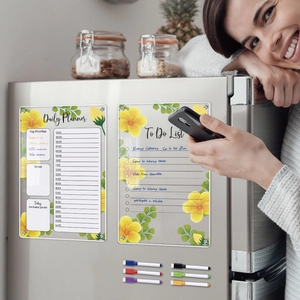 Magnetic acrylic daily planner and to-do list set on fridge with colorful markers