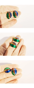 Detail of vintage blue and green enamel geometric earrings with gold-tone lines