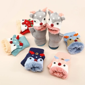 Winter cartoon reindeer knitted convertible gloves with warm fleece lining in multiple colors