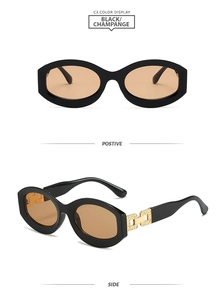Vue détaillée des lunettes de soleil ovales rétro à monture noire et verres couleur champagne
