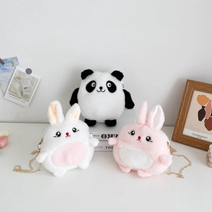 Kids Plush Crossbody Bag Cute Animal Panda Rabbit Shape Soft Shoulder Purse With Metal Chain For Girls