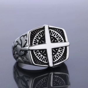 Vintage stainless steel nautical compass ring for men with cross detail and silver finish