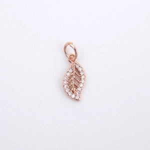 Mini copper leaf pendant with micro-paved zircons and rose gold plating for DIY jewelry