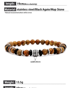 Detail of beaded bracelet with brown jasper, black agate and stainless steel accents