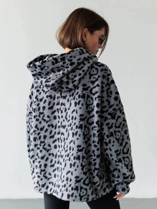 Oversized leopard print hoodie in grey fleece, detailed back view on model