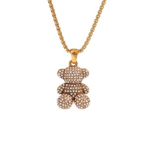 Sparkling 18K gold plated teddy bear pendant necklace with full pavé crystals for women