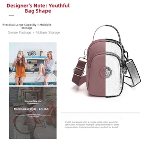 Detail of dusty pink nylon crossbody bag with multi-layer zippers and woven strap