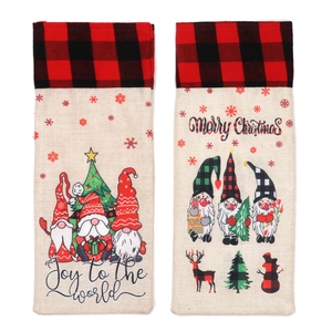 Christmas gnome wine bottle covers with Merry Christmas print and festive buffalo plaid patterns
