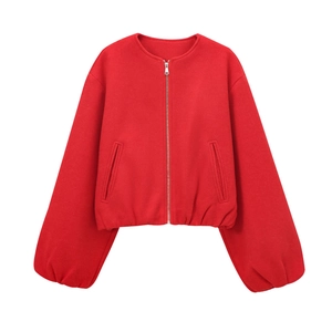 Women's classic bright red zippered bomber jacket in soft textured wool-like fabric