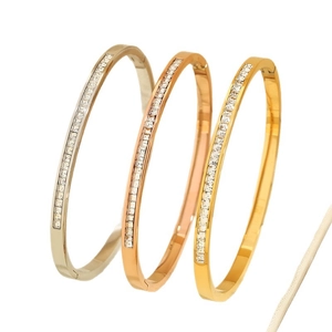 Three-color titanium steel hinged bangle set with full square zircon stones for women