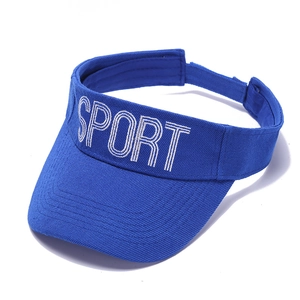 Close-up of SPORT embroidery on royal blue cotton twill visor with fine stitching detail