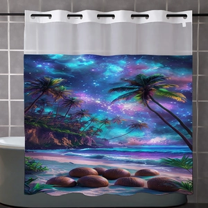 Detailed tropical beach and starry sky print on waterproof waffle fabric shower curtain