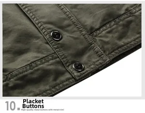 Detailansicht der Metallknöpfe an der Knopfleiste der olivgrünen Workwear-Jacke