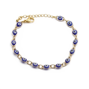Gold plated bracelet featuring blue evil eye charms with an adjustable lobster clasp chain