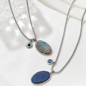 Vintage natural stone necklaces with turquoise and lapis lazuli pendants on silver chains