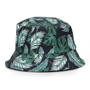 Bob unisexe noir avec motifs de feuilles tropicales pour protection solaire extérieure