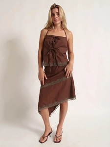 Women Cotton Halter Neck Bow Tie Camisole Top And Asymmetrical Lace Patchwork Midi Skirt Brown Sexy Boho Style