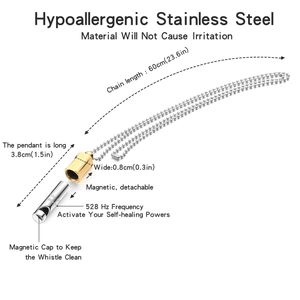 Detailed diagram of 528 Hz mindfulness whistle necklace with dimensions and magnetic cap
