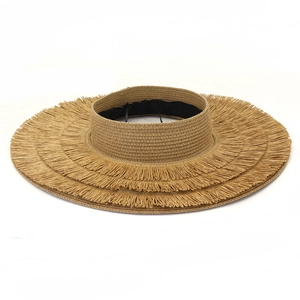 Straw visor sun hat with wide brim and layered fringe trim for beach sun protection