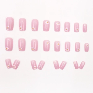 Set of 24 pink square press-on nails featuring sweet daisy floral patterns for women