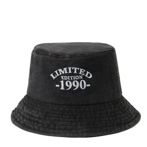 Vintage black washed cotton bucket hat with white 1990 Limited Edition embroidery