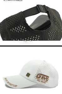 Close-up of breathable laser-cut holes and embroidered logo on outdoor baseball cap